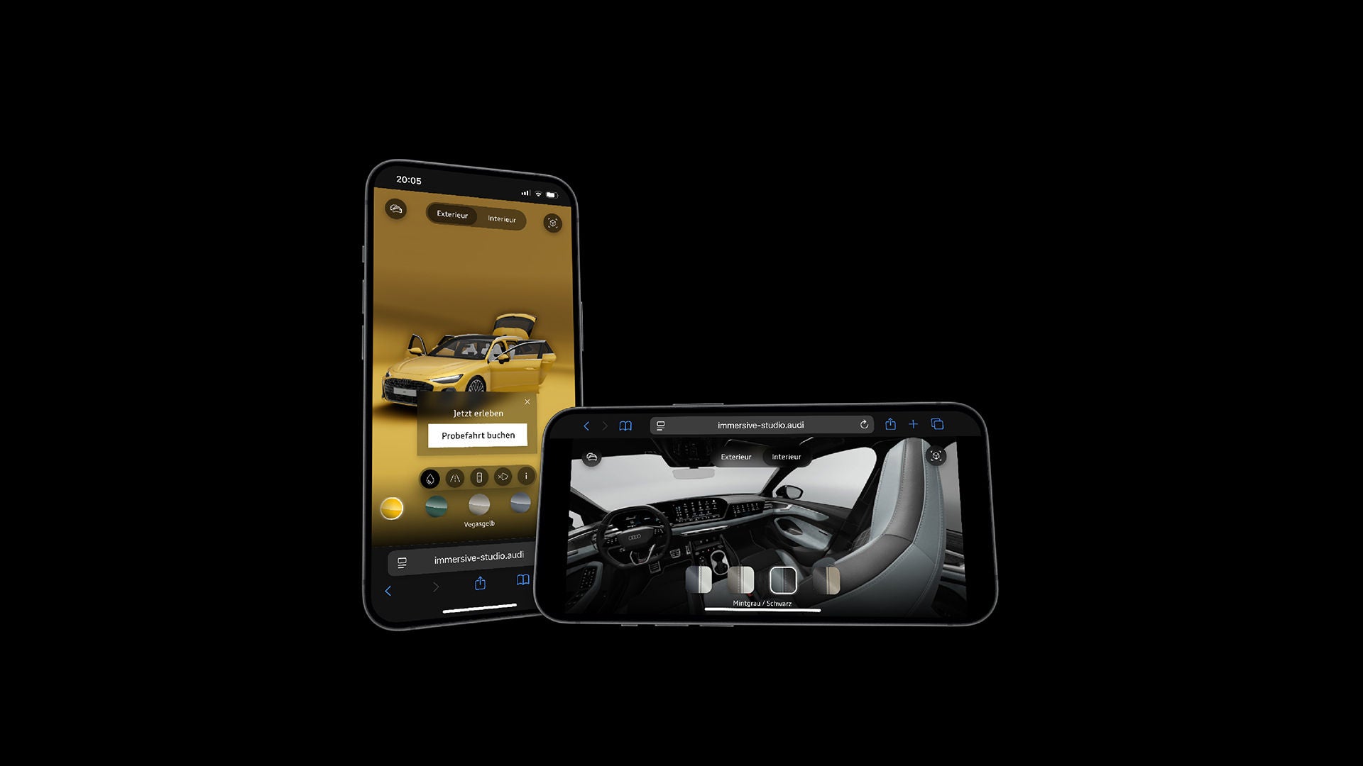 Zwei Smartphones (hoch/quer) auf schwarzem Hintergrund mit Audi-Konfigurator: goldenes Auto und Innenraumansicht.