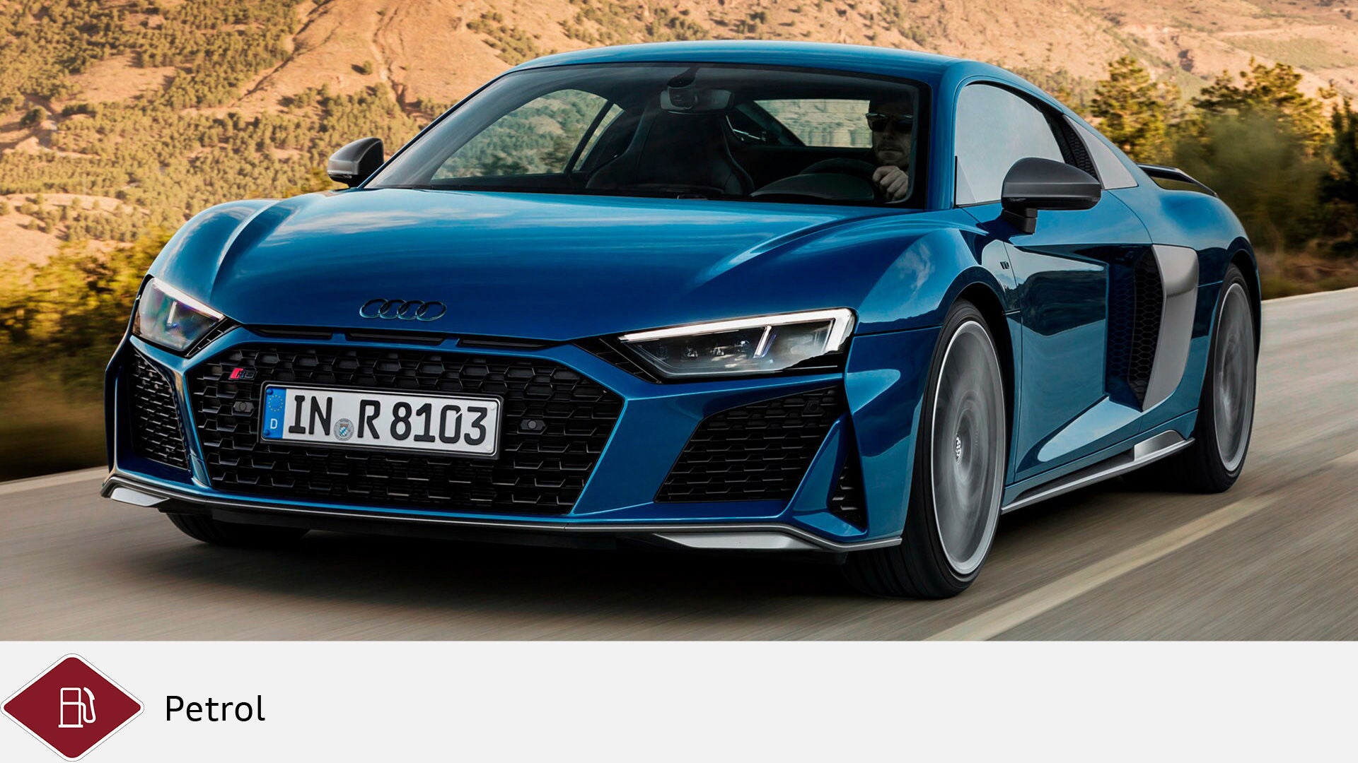 R8 Coupé in blue on a country road, driver with sunglasses. Below gray diesel symbol and red gasoline symbol.