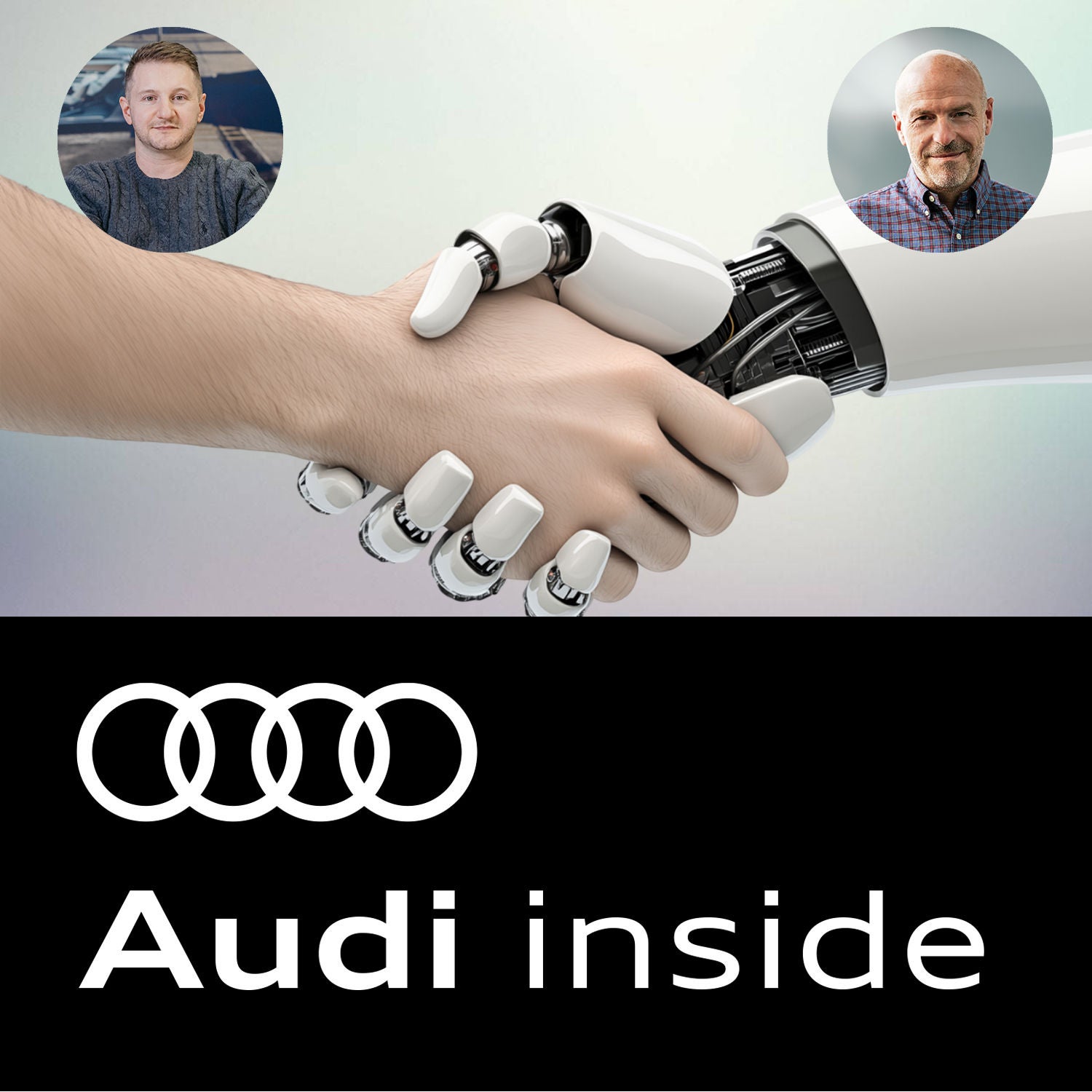 Eine menschliche Hand schüttelt eine Roboterhand. In den oberen Ecken die Porträts der Gäste.