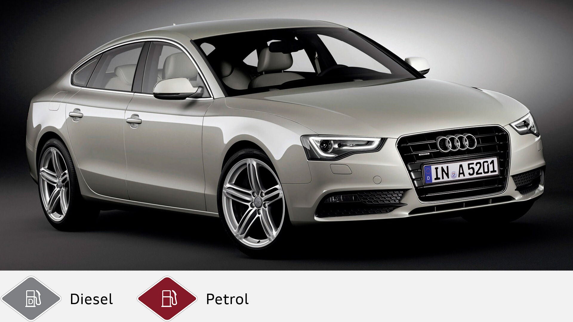 Beige Audi A5 Sportback (2011-2016) in the studio against a dark background. Gray diesel symbol and red petrol symbol at the bottom.