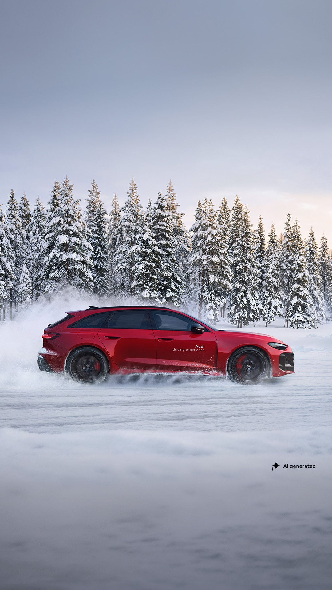 Ein roter Audi RS5 Avant driftet auf schneebedeckter Teststrecke und wirbelt dabei Schneestaub auf.