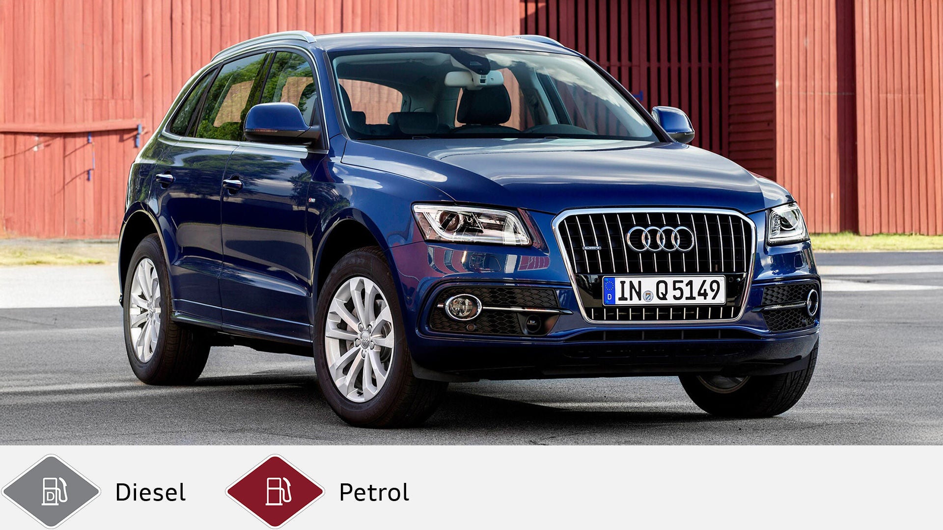 Blue Audi Q5 SUV of the first generation in front of a red wooden facade, view from diagonally in front. Below gray diesel symbol and red gasoline symbol.