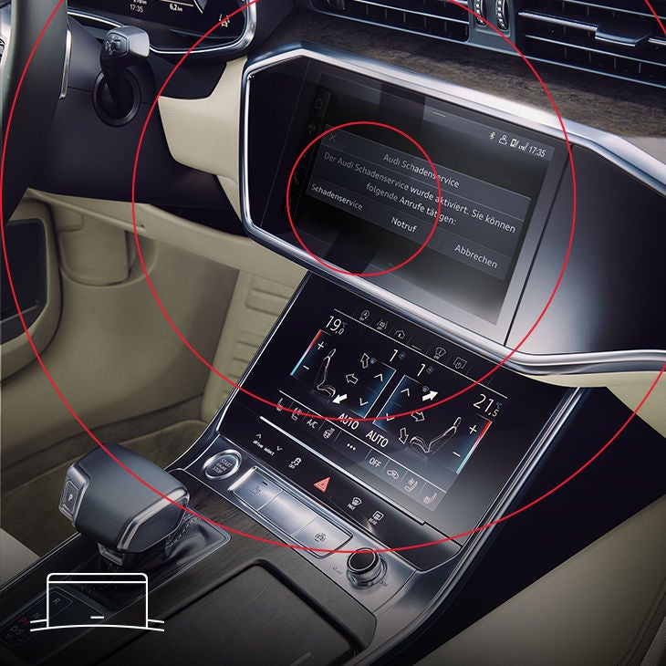Das MMI im Audi zeigt eine Meldung zum aktivierten Schadensservice im Display an