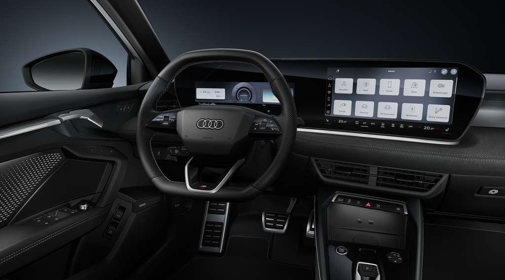 A front view of the sport leather steering wheel and the curved panoramic display.