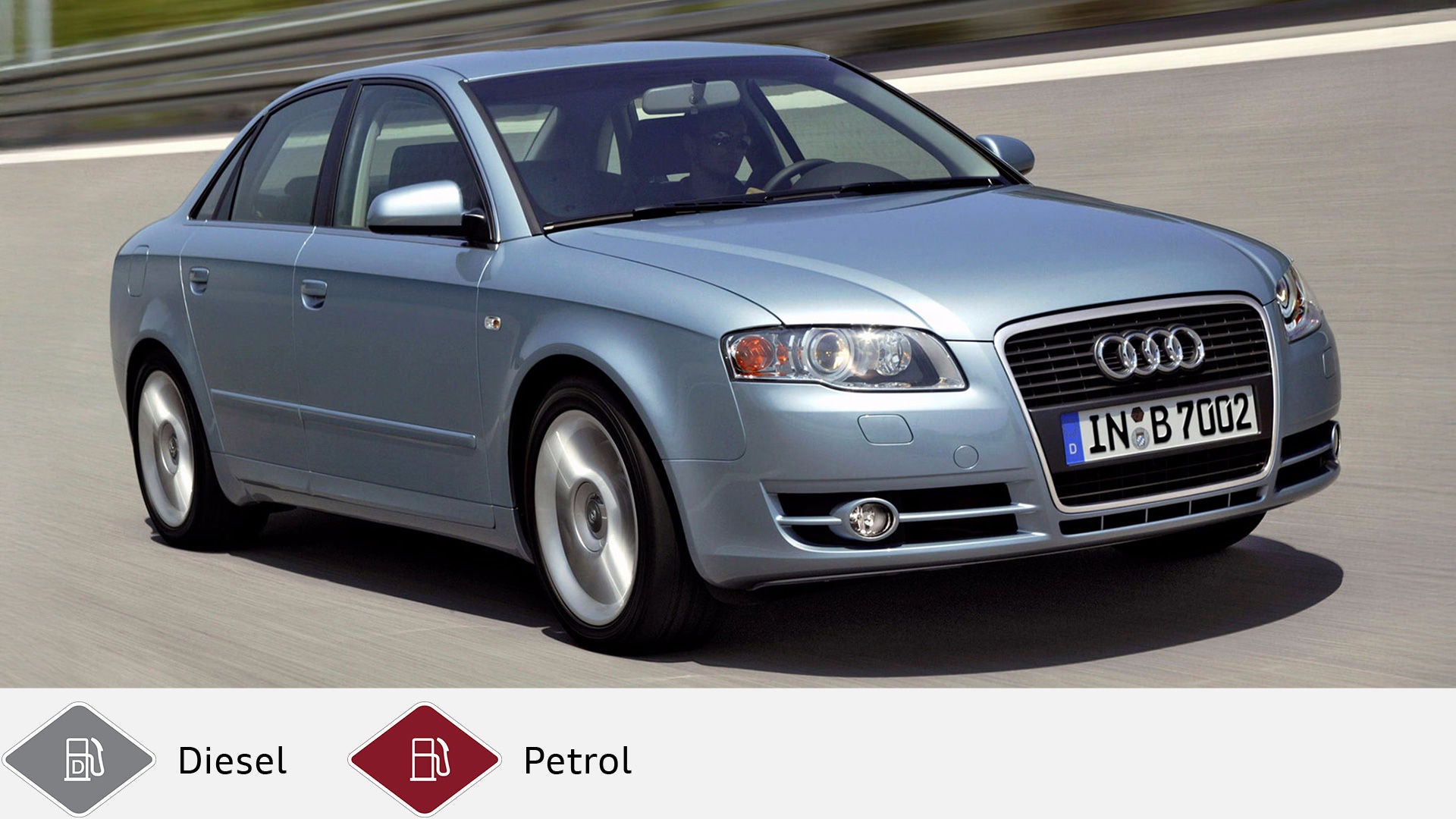 Silver Audi A4 driving on the highway, taken slightly from the front right. Gray diesel symbol and red petrol symbol at the bottom.