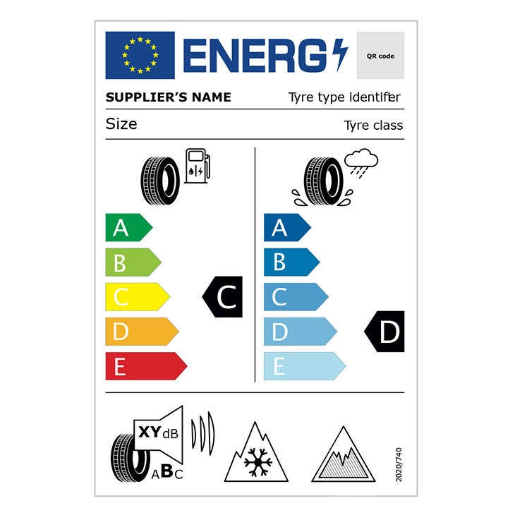 EU-Reifenlabel: Kraftstoffeffizienz Klasse C, Nasshaftung Klasse D. Symbole für Rollgeräusch (mit Dezibelwert), Schneetauglichkeit und Eishaftung. Farbskala von grün (A) bis rot (E), Pfeile zeigen auf jeweilige Klasse. QR-Code und Felder für Herstellerinfos oben.          