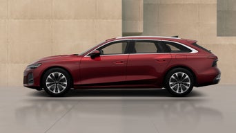 Dark red A6 Avant e-hybrid car with modern design features, set against a minimalist concrete background.