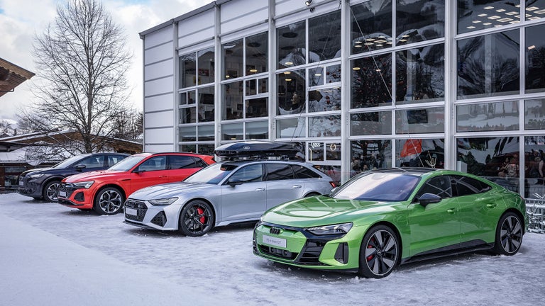 MehrerSeveral Audis in different colours (black, red, silver, green) stand side by side.e Audis in unterschiedlichen Farben (schwarz, rot, silber, grün) stehen nebeneinander.