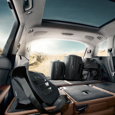 Blick in den Kofferraum eines Fahrzeugs mit umgeklappter Rückbank, vier Gepäckstücke vor Wüstenlandschaft.