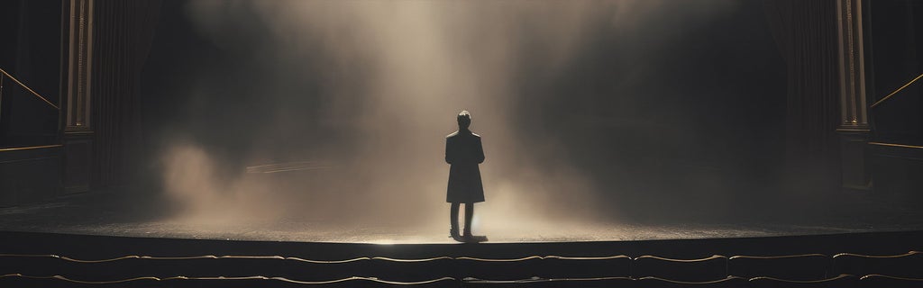 Person steht allein im Lichtkegel auf einer dunklen Theaterbühne mit geschlossenen Vorhängen.