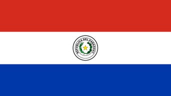 Flag of Paraguay with red, white, blue stripes and national emblem in center.
