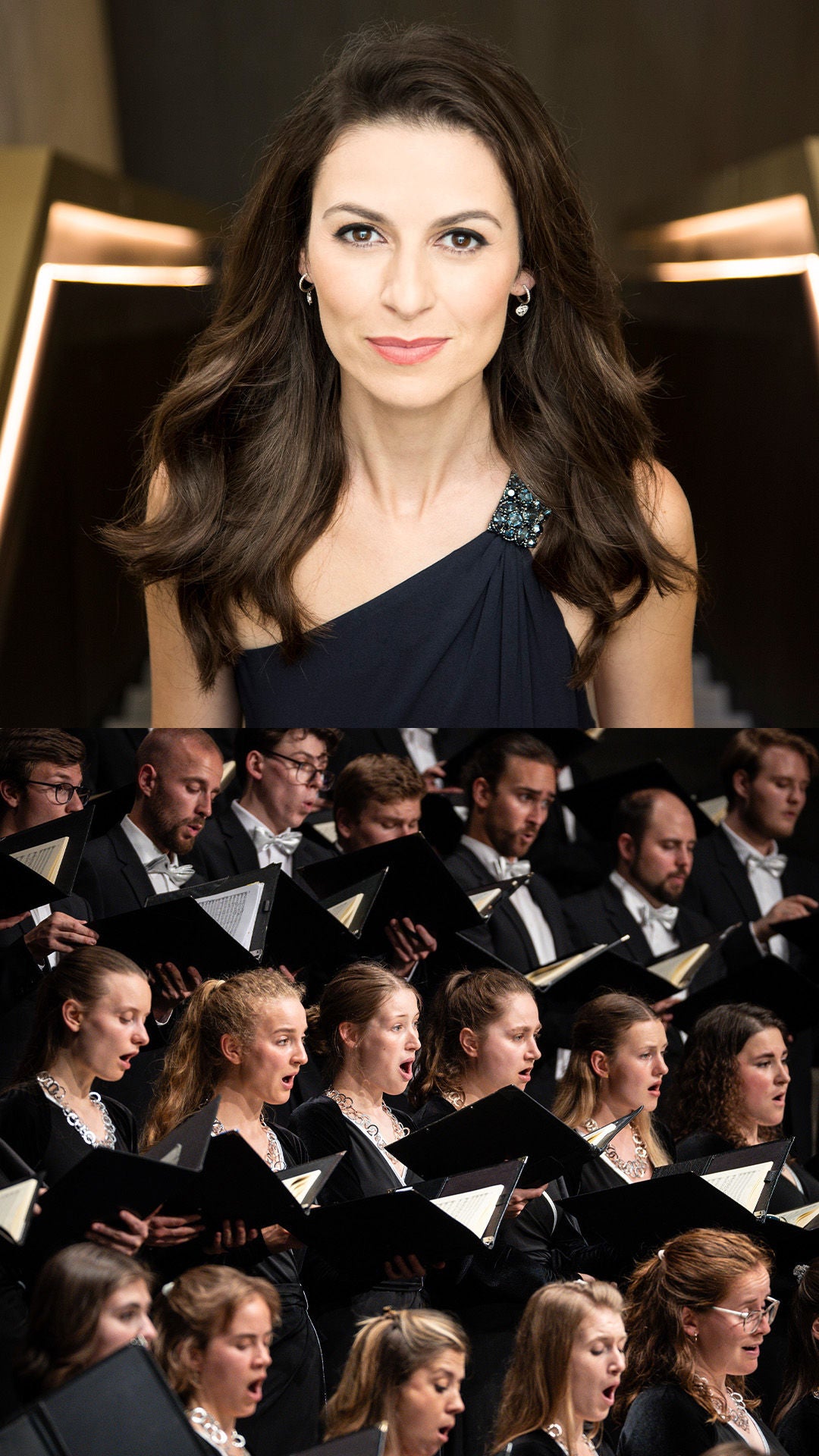 Links singender Chor mit Notenmappen, rechts Porträt einer Frau in dunklem Kleid vor unscharfem Hintergrund.