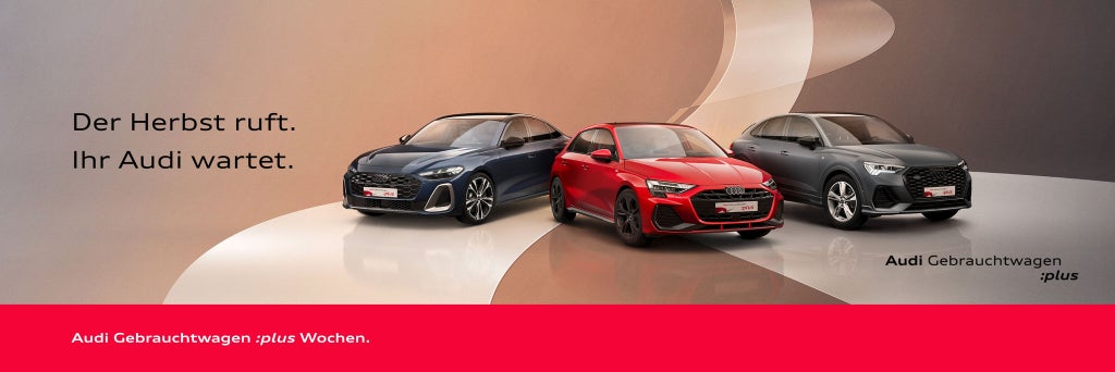 Drei Audi Modelle stehen nebeneinander auf einem modernen, bräunlichen Untergrund mit geschwungenen Dekoelementen. Auf dem Bild steht: Der Herbst ruft. Ihr Audi wartet. Unten ist ein roter Streifen, auf dem steht: Audi Gebrauchtwagen :plus Wochen.