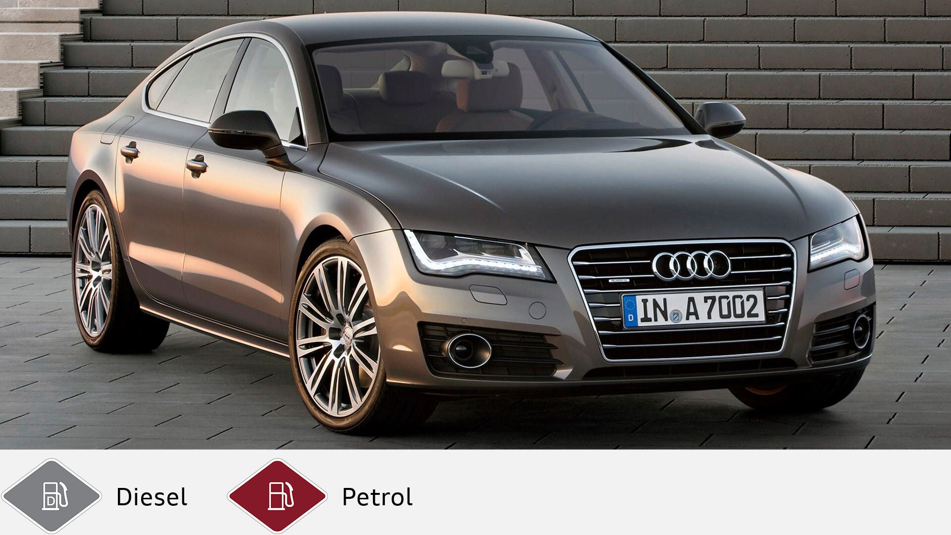 Brown Audi A7 Sportback stands in front of a gray staircase in the sunlight. Below gray diesel symbol and red gasoline symbol.