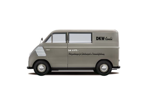 Illustration des DKW F 89 L Schnelllaster in grau vor weißem Hintergrund