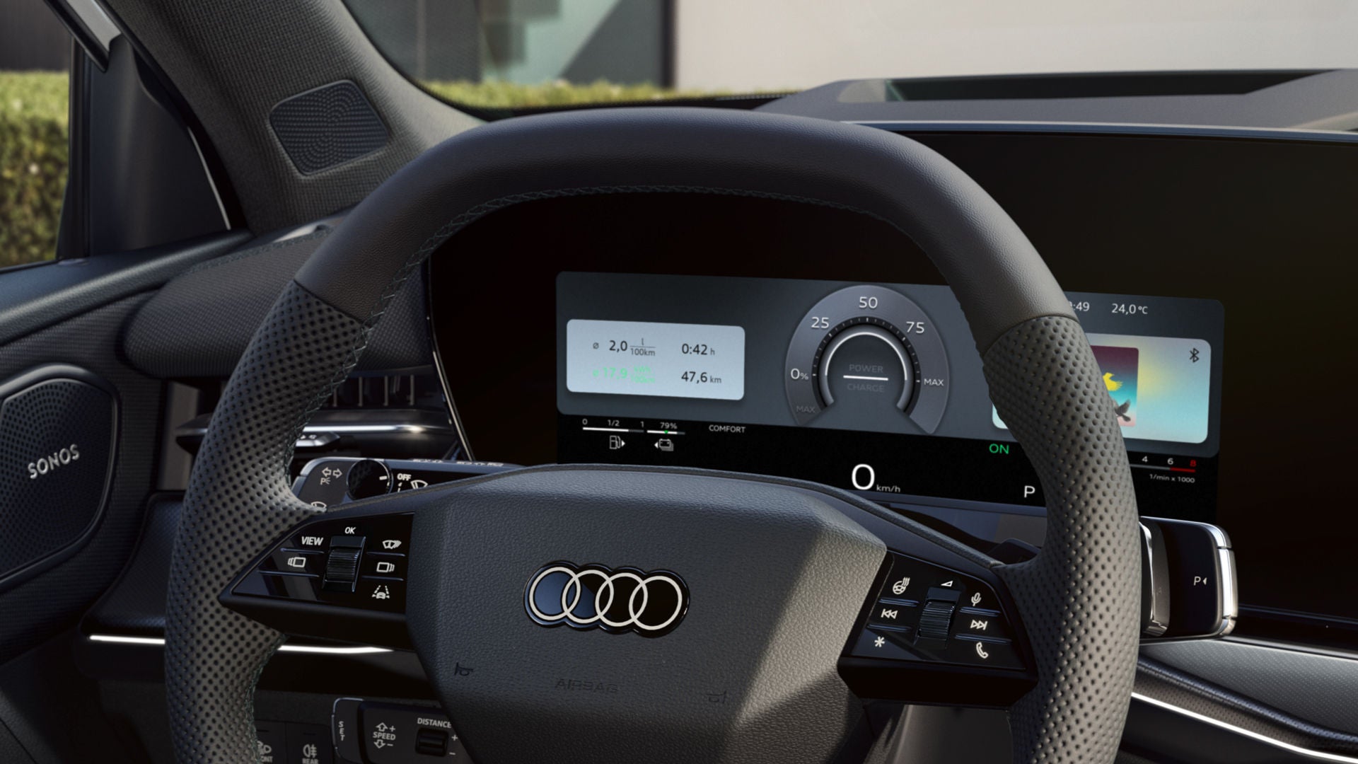 Blick auf das Lenkrad und die digitalen Displays des Audi virtual cockpit plus.