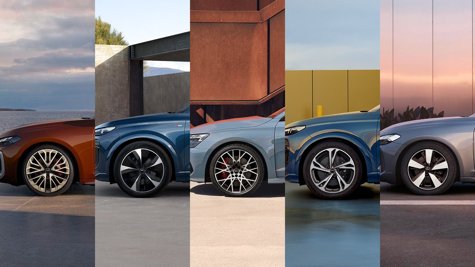 Collage mit fünf Audi-Fahrzeugfronten, jeweils mit unterschiedlichen Felgendesigns und Fahrzeugfarben im Seitenprofil.