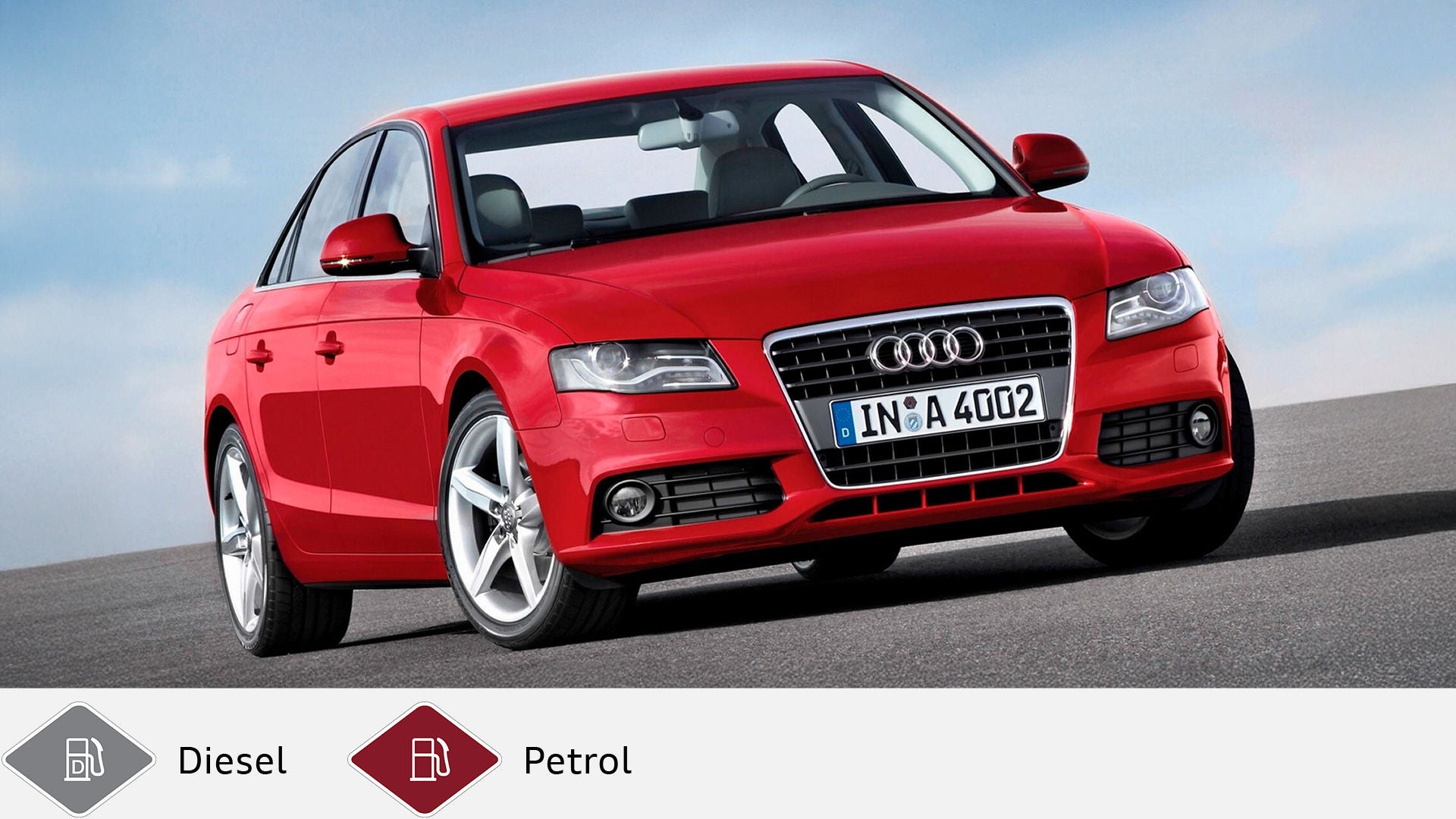 Red Audi A4 on asphalt road with sky in the background, front left. Gray diesel symbol and red petrol symbol at the bottom.