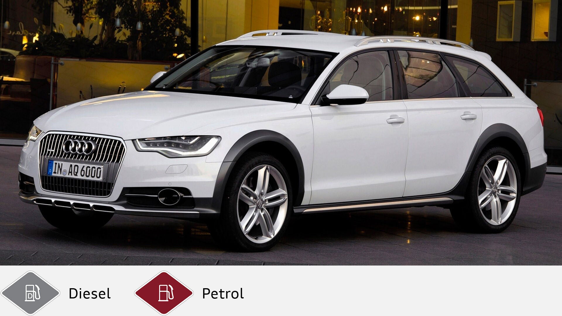 White Audi A6 allroad quattro (2012-2018) in front of illuminated building with SUV design features. Gray diesel symbol and red petrol symbol at the bottom.