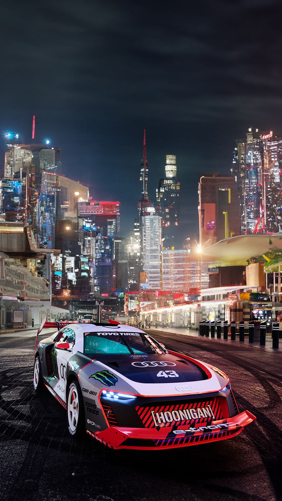 Foto del Audi S1 e-tron quattro Hoonitron de Audi y Ken Block usado en Electrikhana, el video viral de las vegas. 