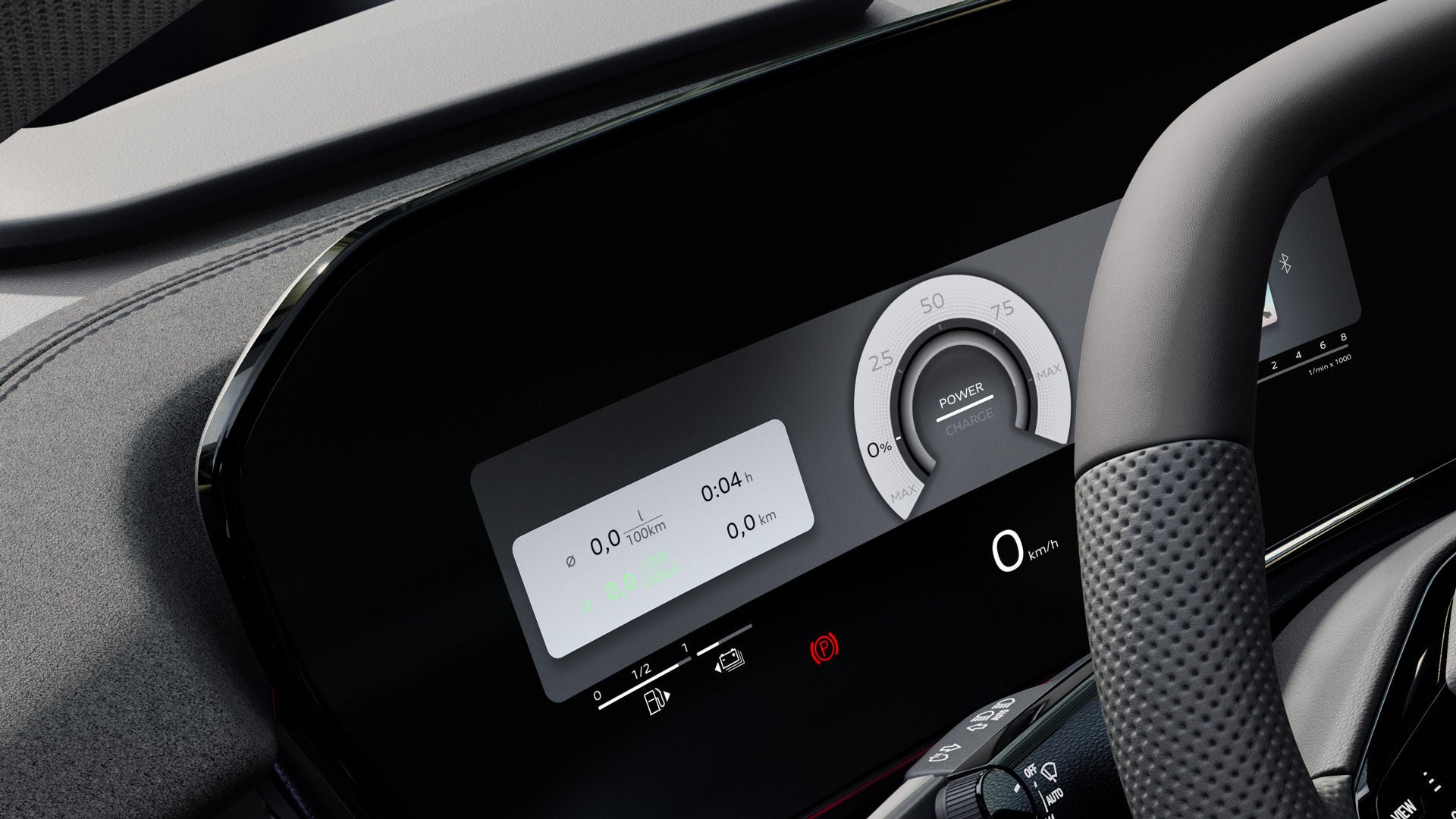 View of the steering wheel and digital displays of the Audi virtual cockpit plus.