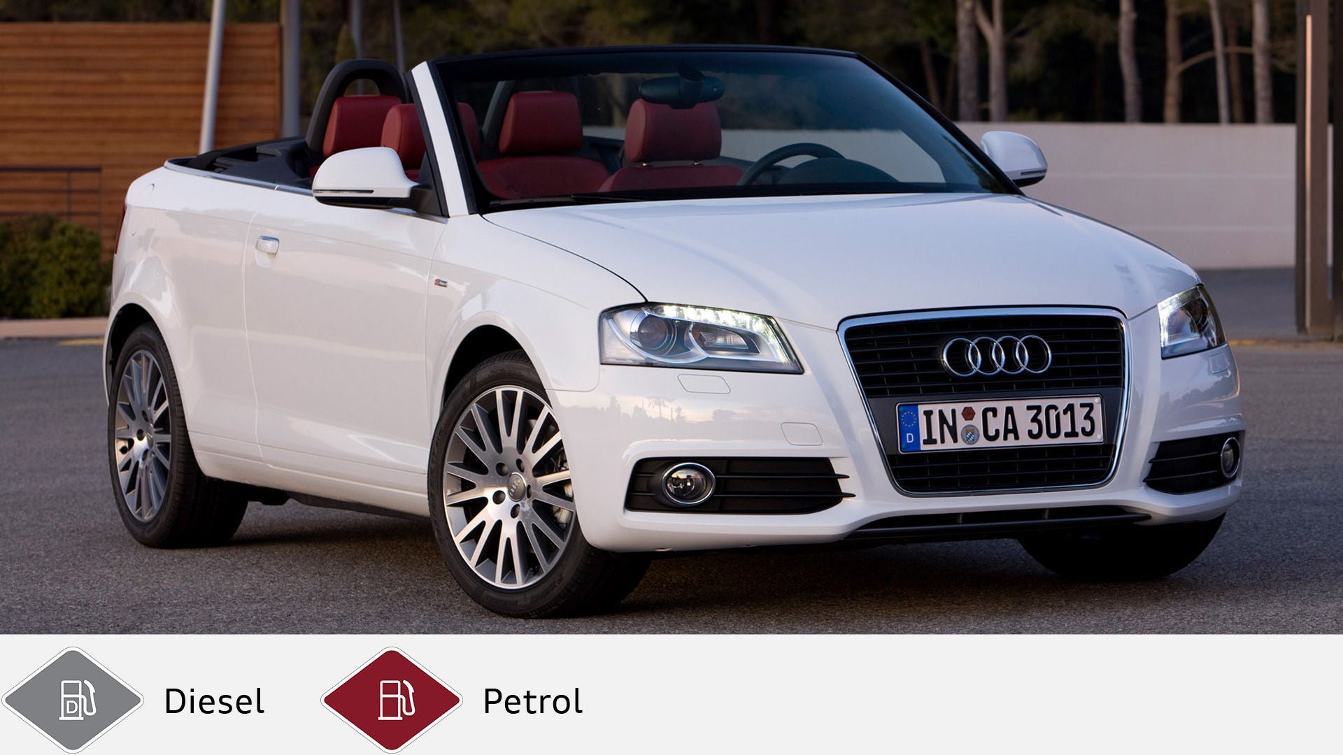 White Audi A3 Cabriolet with red seats standing open on asphalt, photographed diagonally from the front. Gray diesel symbol and red petrol symbol at the bottom.