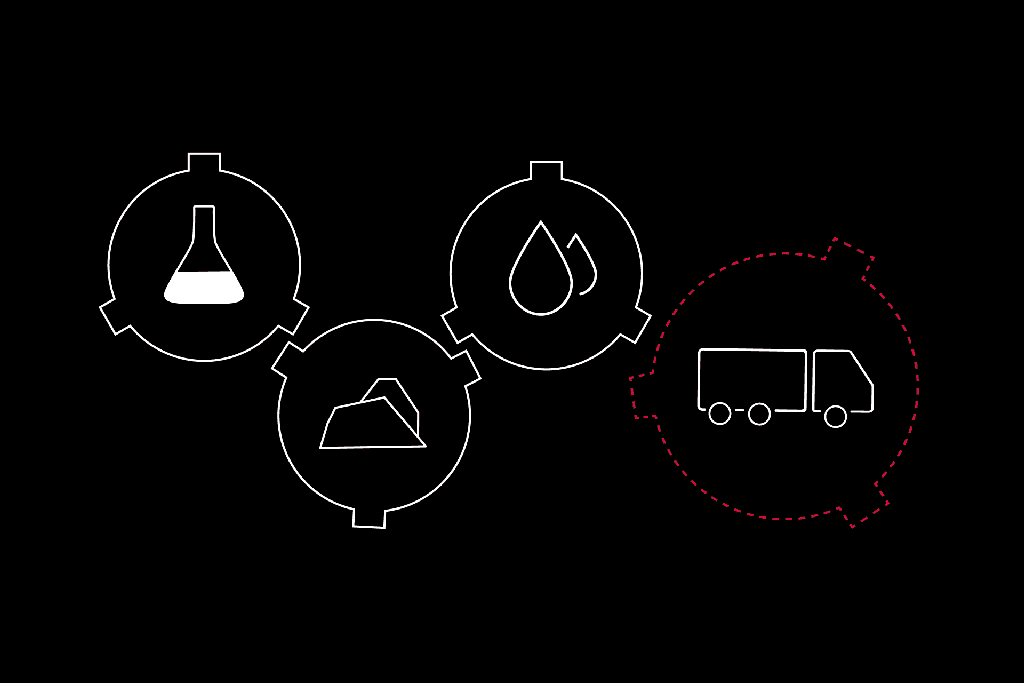 Mit Symbolen für Rohstoffe und einem Lkw wird das Thema Lieferkette grafisch dargestellt.