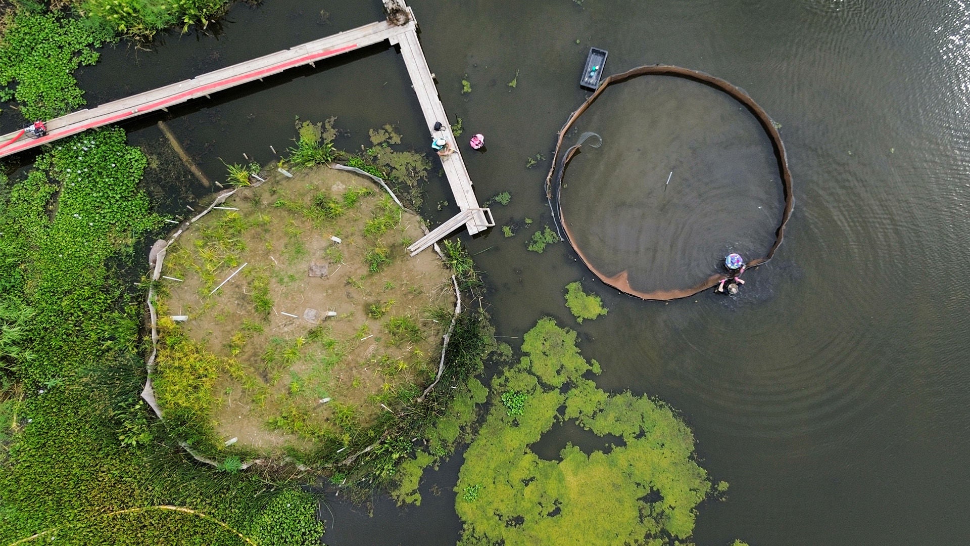 Aerial view of two planted water islands and a third under construction, connected by a dock.