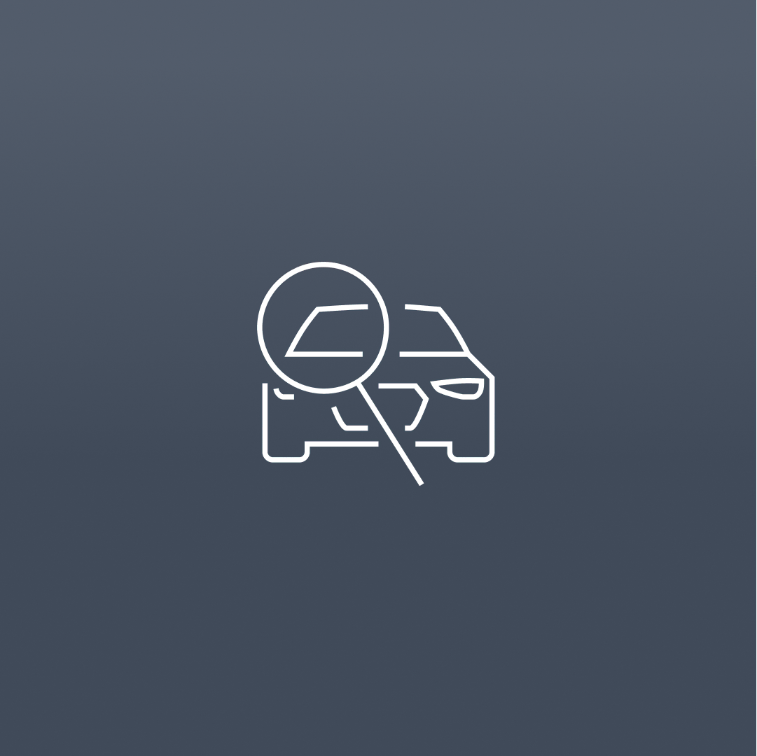 Simple line drawing of a car with a magnifying glass over its side, focusing on the window. The background is light grey, conveying inspection.