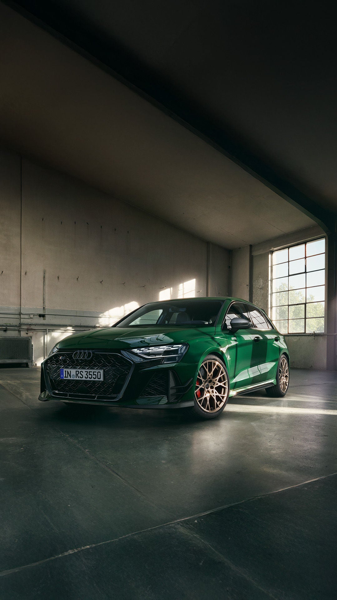 Ein grüner Audi RS 3 Sportback competition limited in einer lichtdurchfluteten Garage.