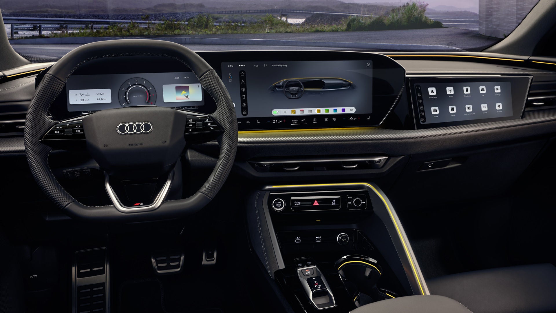 View of the Q5 Sportback cockpit from the driver's perspective. Among other things, the MMI touch display and the Audi virtual cockpit behind the steering wheel can be seen. 