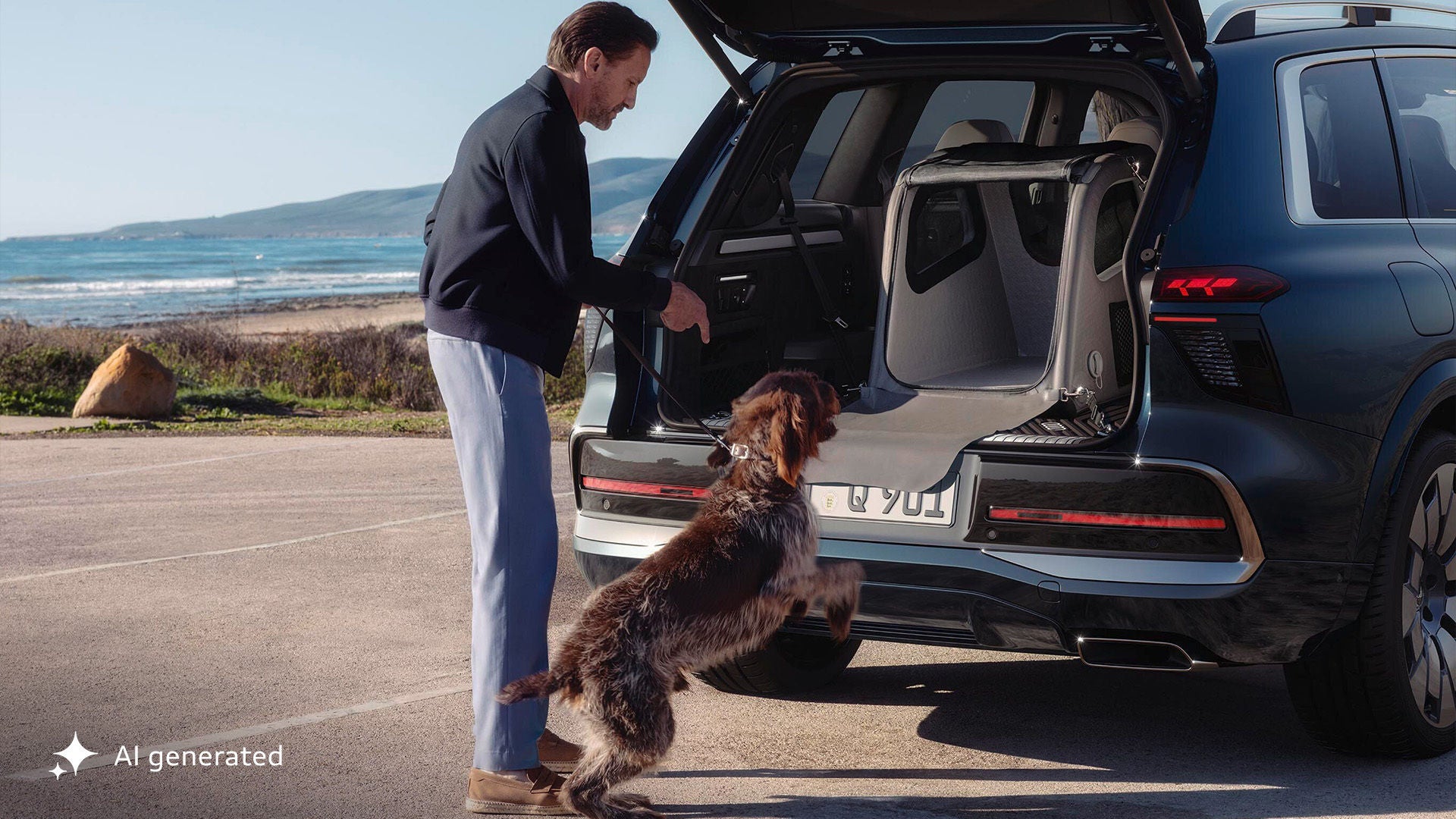 Ein Mann steht mit einem Hund vor einem offenen Kofferraum. Der Hund springt den Kofferraum hoch