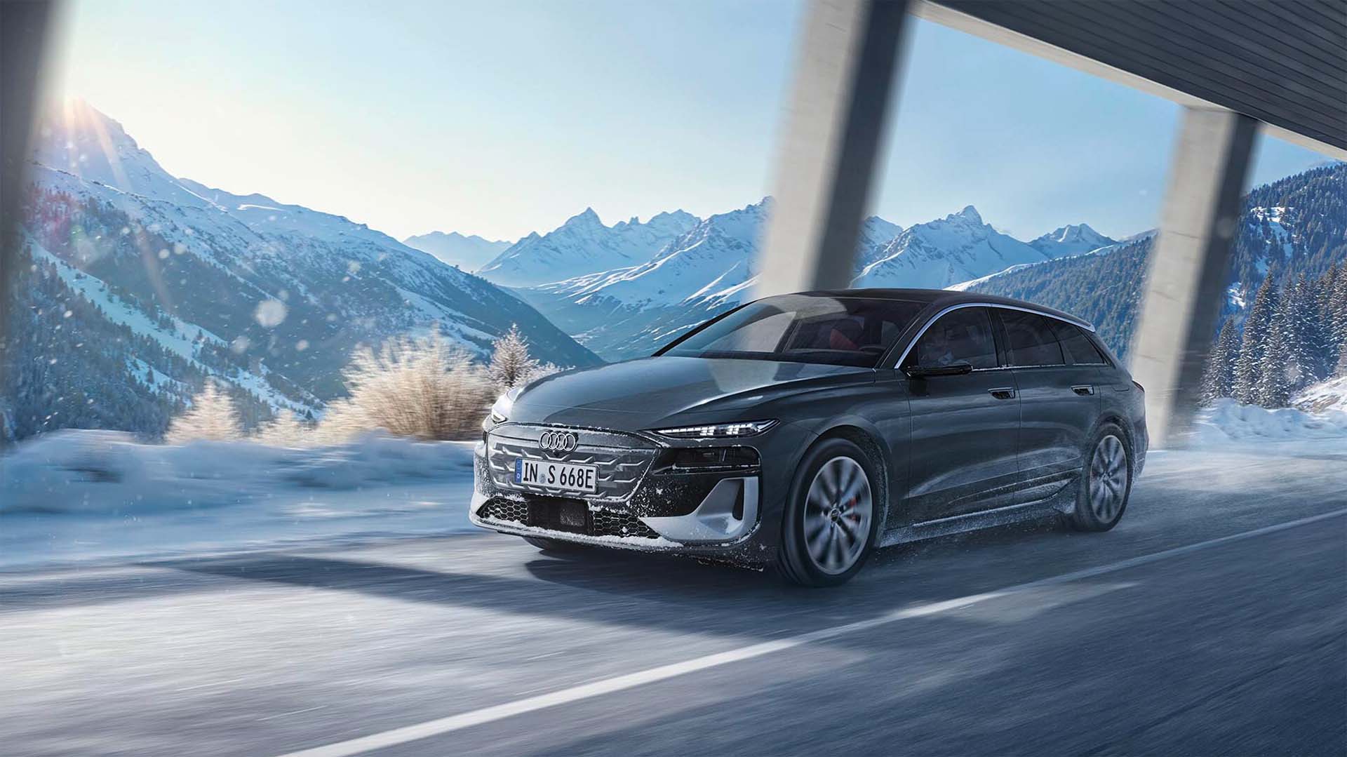 Audi S6 Avant e-tron i vinterlandskap.