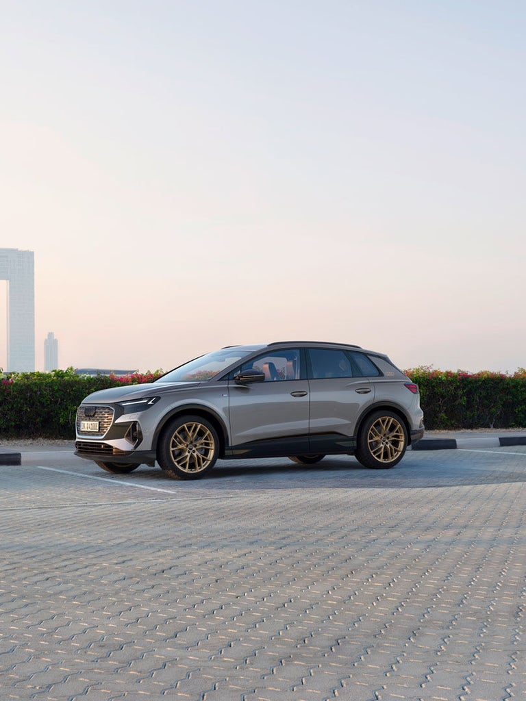 Grauer Audi Q4 e-tron mit goldenen Felgen seitlich vor Skyline und blühender Hecke bei Sonnenaufgang.