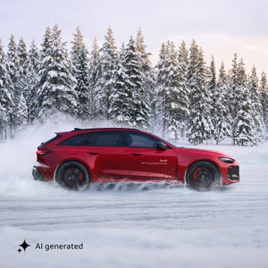 Ein roter Audi RS5 Avant driftet auf schneebedeckter Teststrecke und wirbelt dabei Schneestaub auf.