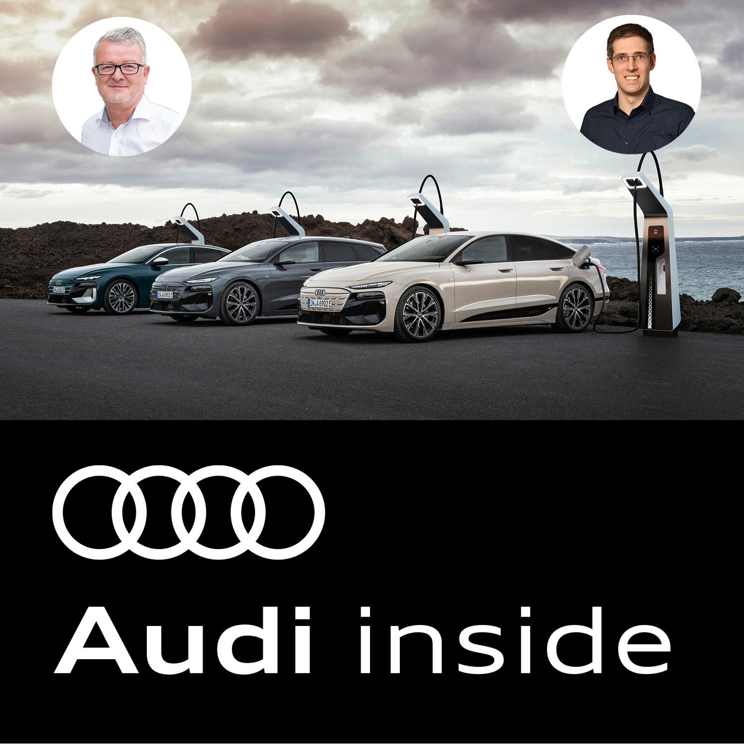 3 Audi Modelle an einer Ladesäule auf einem Parkplatz direkt an einer Felsklippe.