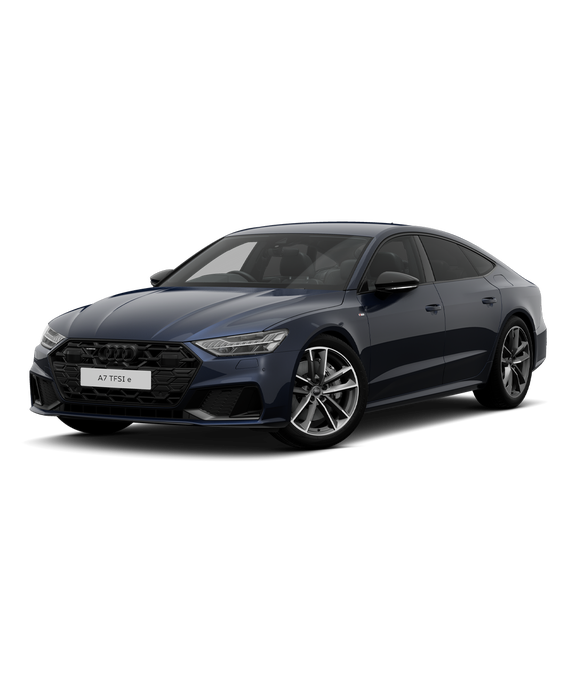 A blue Audi A7 TFSI e sedan black edition trim against a plain background.