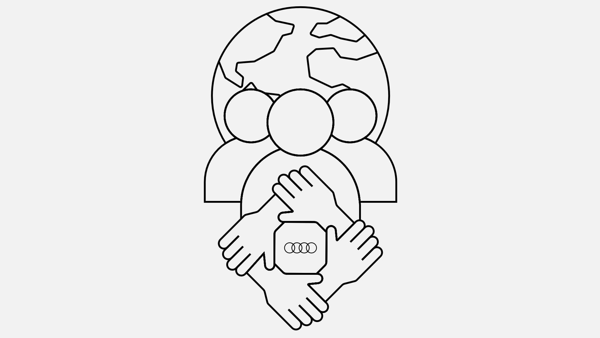 Symbolgrafik mit Menschen, Erde und vier Händen im Kreis, die ein Audi-Logo in der Mitte umschließen.