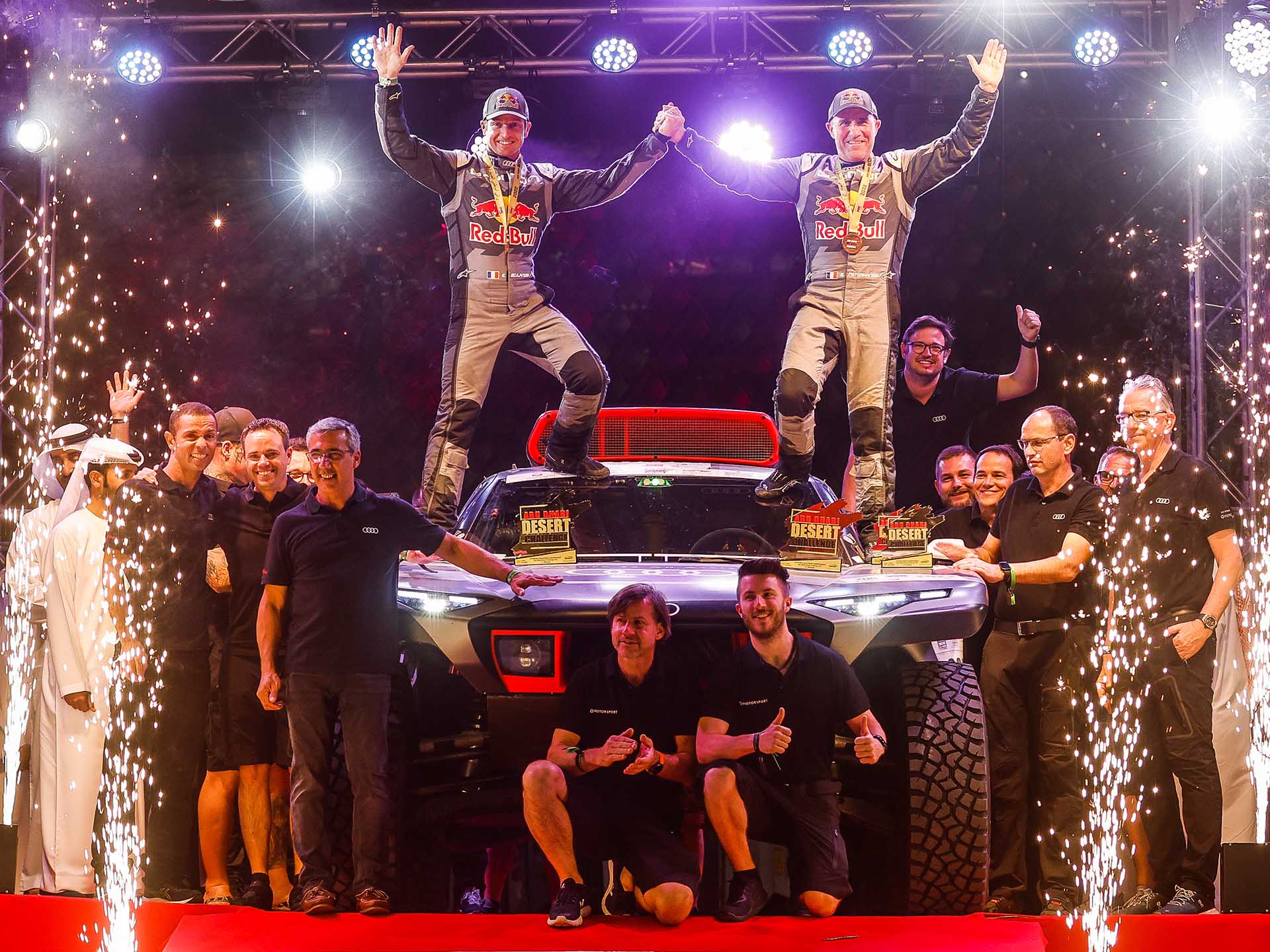 A picture showing the victory celebrations at the 2022 Abu Dhabi Desert Challenge.