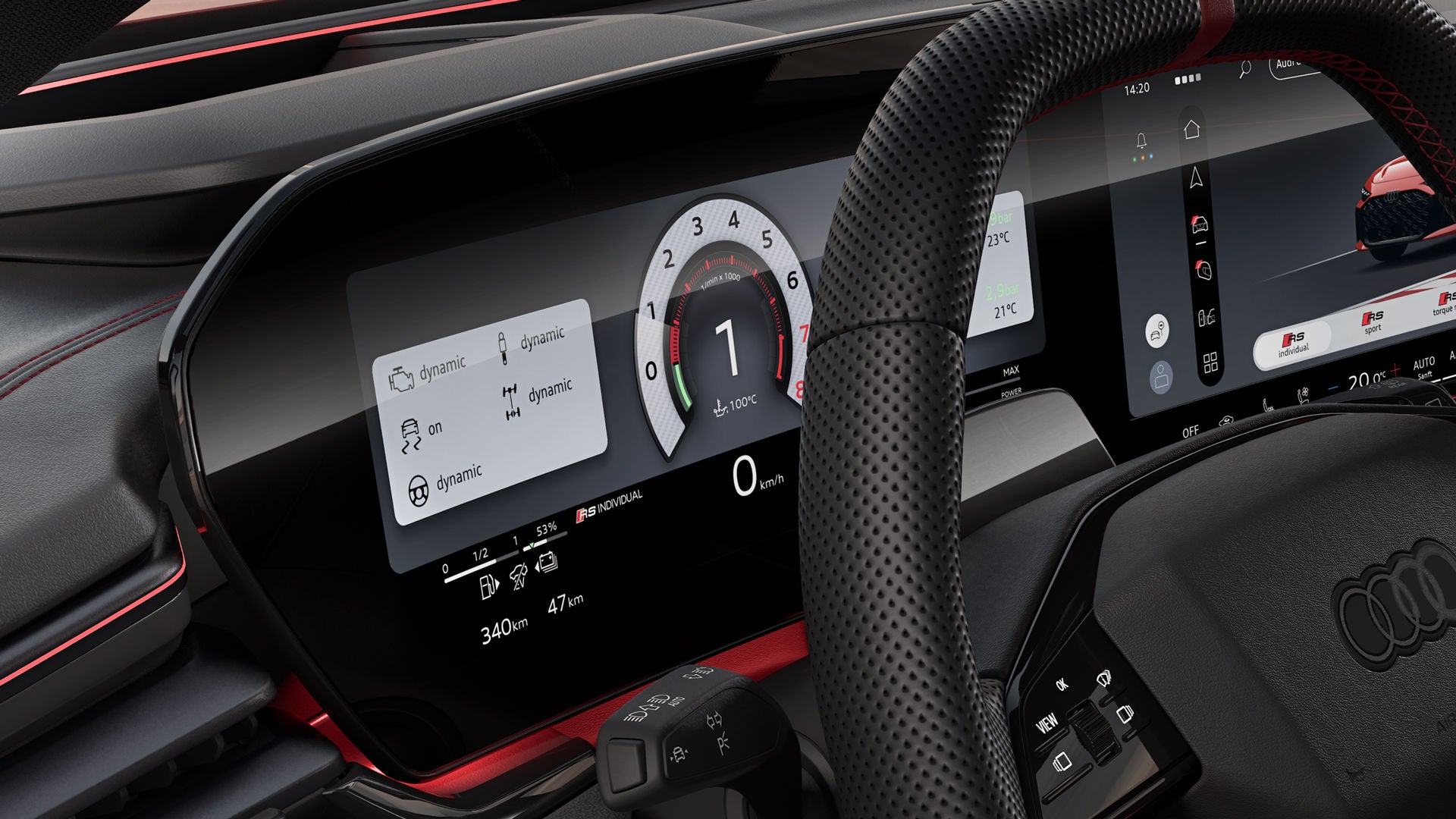Nahaufnahme des Audi virtual cockpit auf der Fahrerseite.