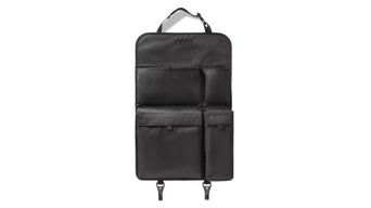 Ein schwarzer Rückenlehnenschutz mit 4 Fächern auf weißem Hintergrund