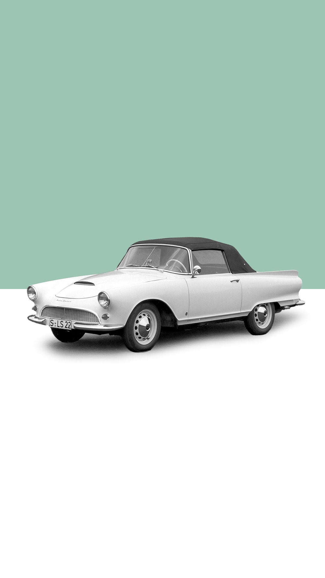Illustration des Audi 1000 SP Roadster auf weiß-grünem Hintergrund