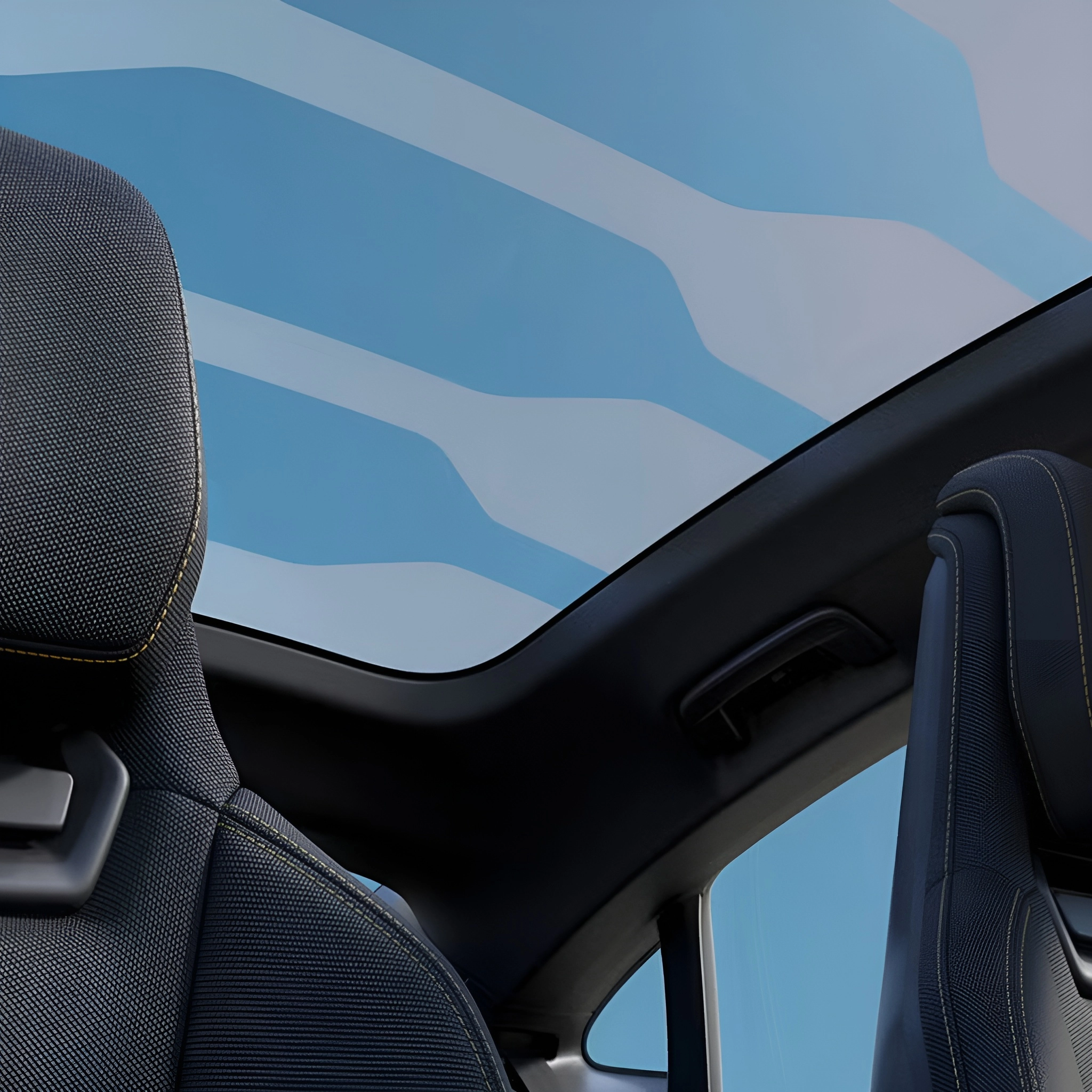 Car interior showing two dark blue seats and sunroof against a blue background with wavy lines.
