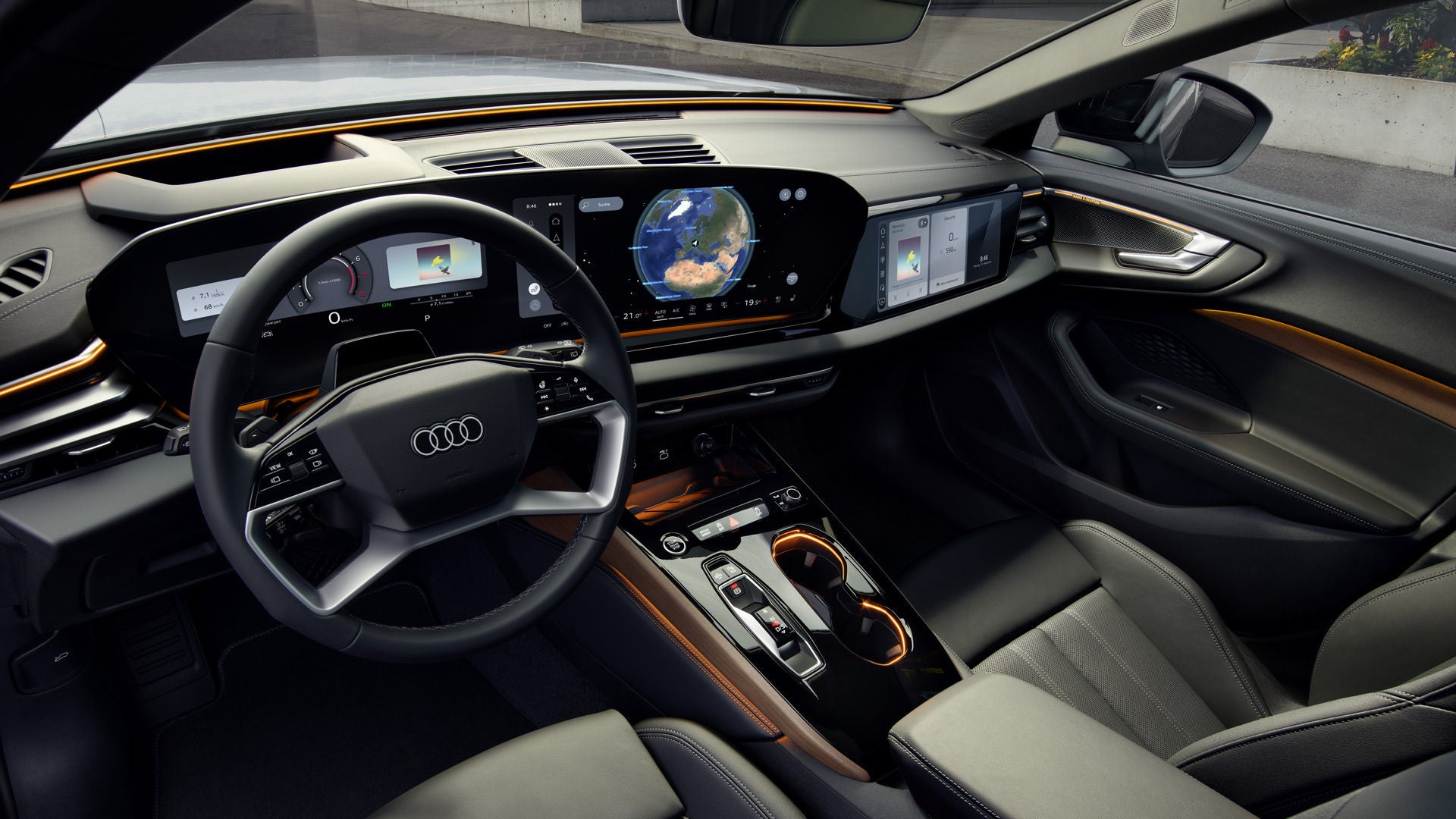 Blick aus der Perspektive des Fahrers auf das Lenkrad und die Displays im A5 Avant.