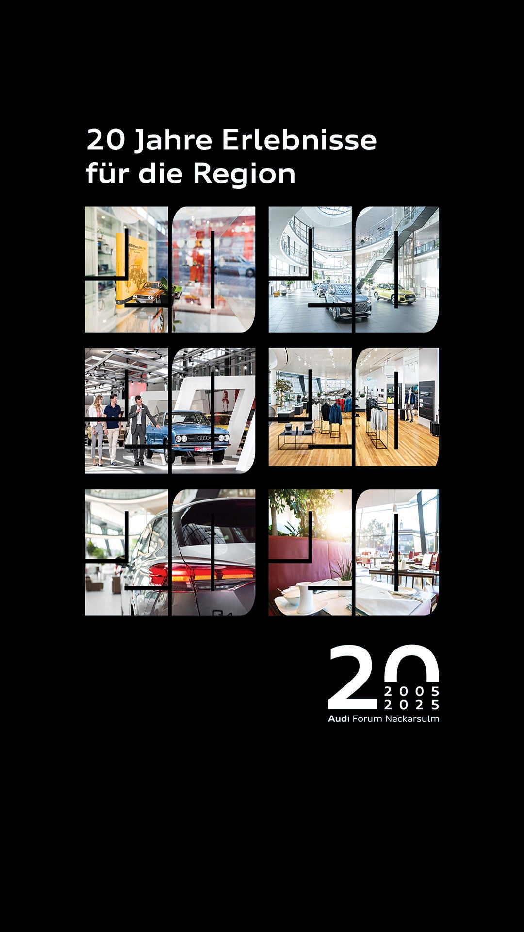 Collage zeigt auf schwazen Hintergrund Fotos von 20 Jahre Audi Forum Neckarsulm.