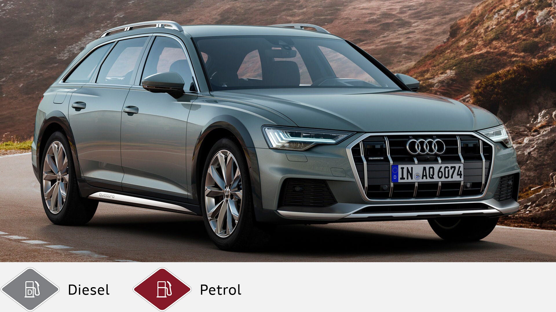 Gray Audi A6 allroad quattro (from 2019) on a country road with striking LED daytime running lights. Gray diesel symbol and red petrol symbol at the bottom.