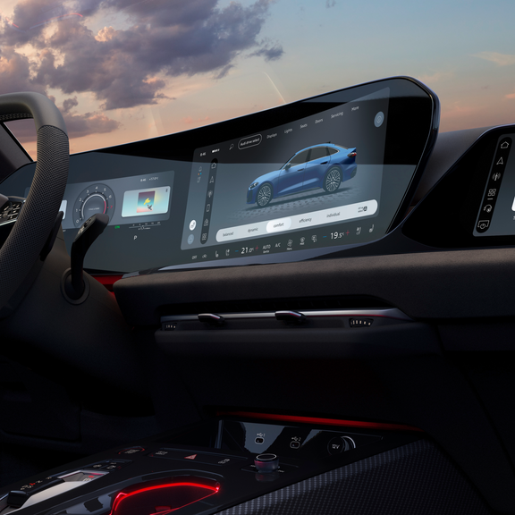 Close-up of the MMI display in the A5 Avant e-hybrid. It shows the current charge status and a slider for controlling the reserve.