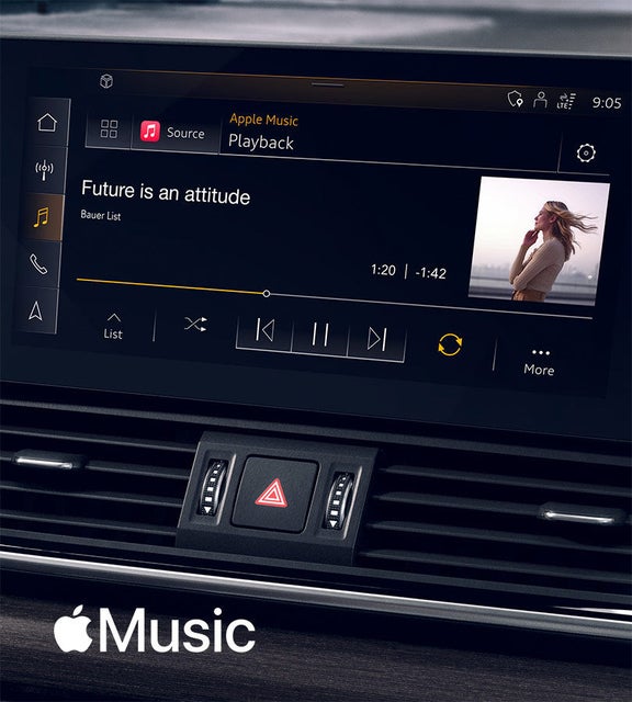 Foto de Apple Music integrado en el sistema MMI de un Audi. 