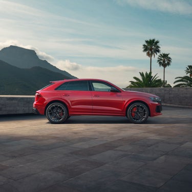 Parked Red Audi RS Q8 Performance with palm tree in the background.