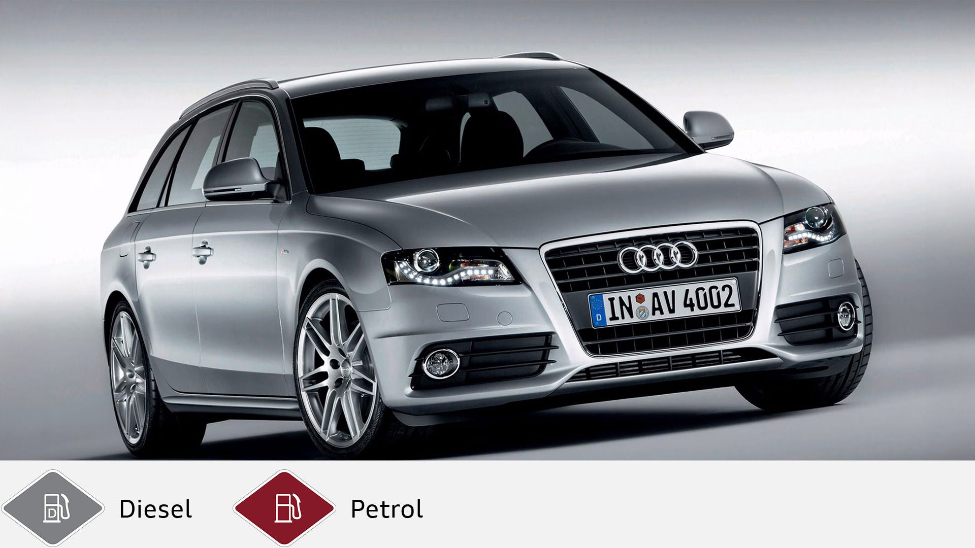 Silver Audi A4 Avant on light gray background, slightly frontal view. Gray diesel symbol and red petrol symbol at the bottom.